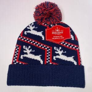 Women’s Navy Blue Intarsia Knit Holiday Beanie Hat with Reindeer